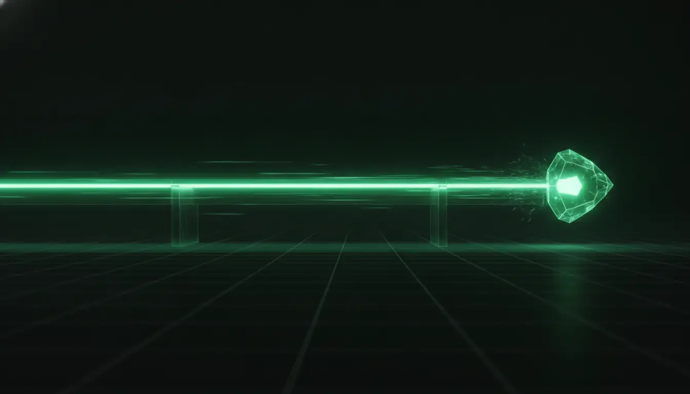 A single emerald light beam traveling a straight guided rail toward a glowing crystal, representing AI operating APIANT along a constrained path