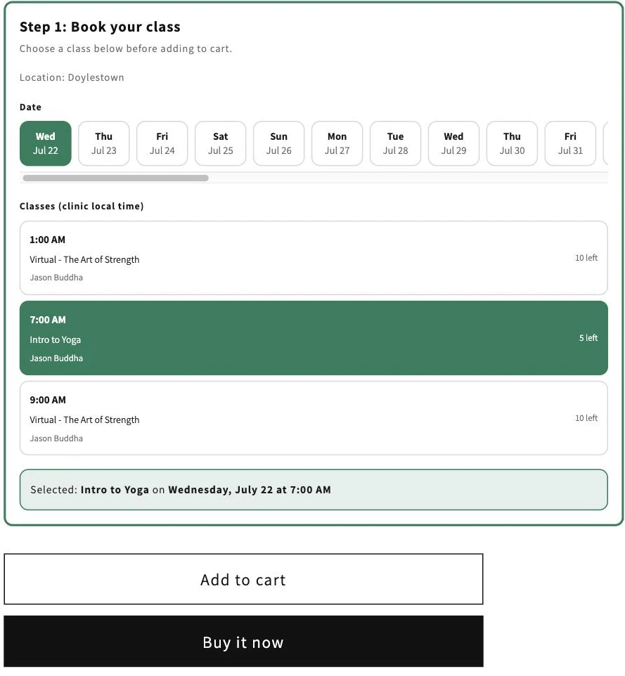 The ShopConnect booking widget on a Shopify product page: choose a location, a day, and a live class time, then buy it now